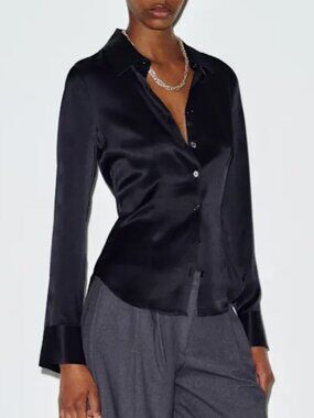 Reformation Raya Fitted Silk Shirt US2 Black Noir Quiet Lux Classic Minimalist